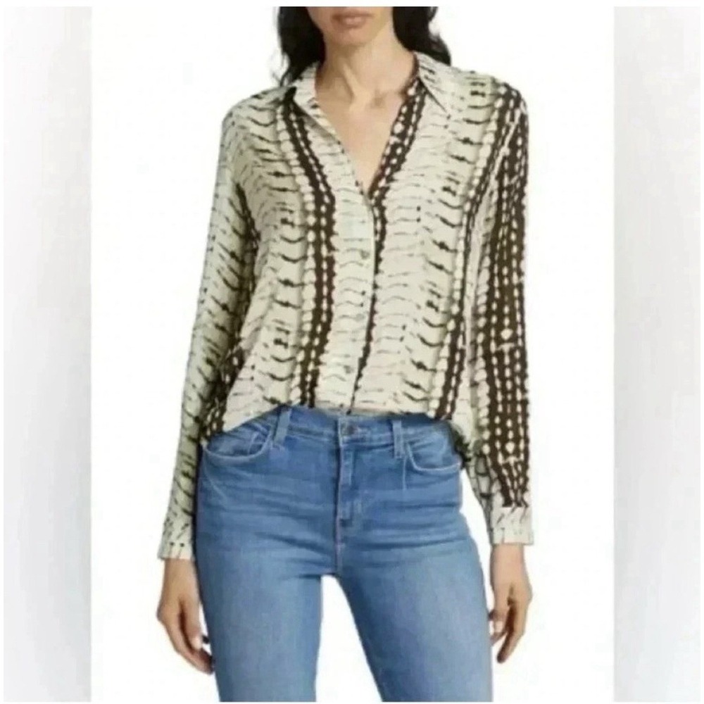 L'Agence Holly Snake Printed Blouse Ikat Print Long Sleeve Button-Up Ivory SzM